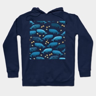 Blue whales illustration poster with pattern of whales and yellow seashells Hoodie